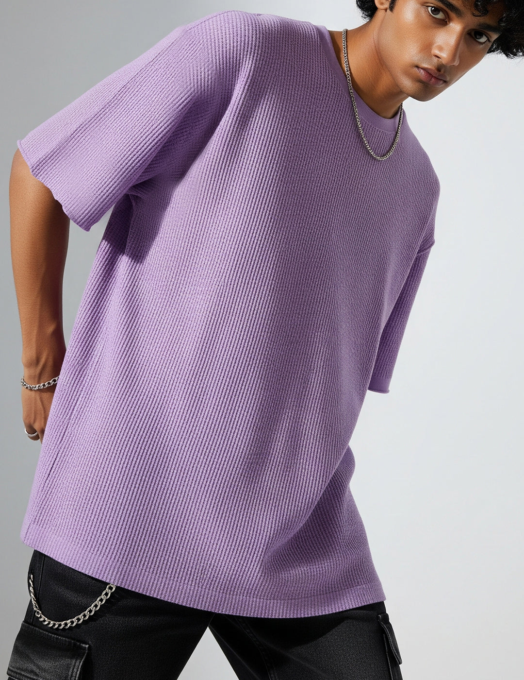 Waffle Knit Oversized T-Shirt - Lavender