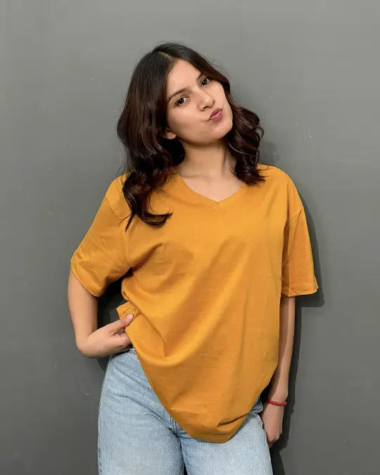 Mustard Plain V-Neck Oversized T-Shirt