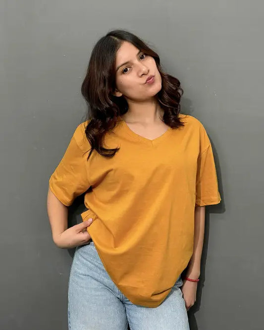 Mustard Plain V-Neck Oversized T-Shirt