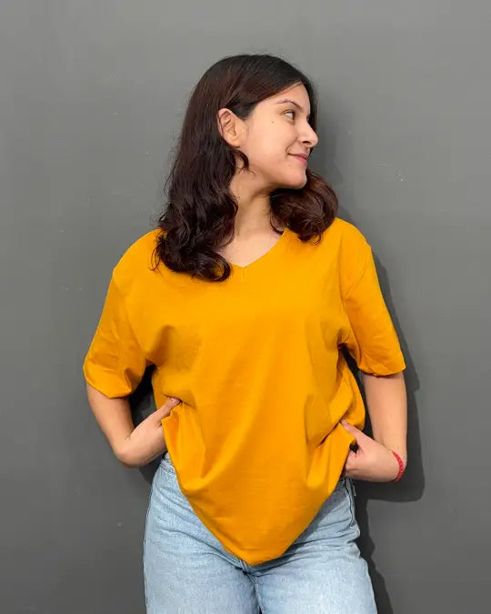 Mustard Plain V-Neck Oversized T-Shirt