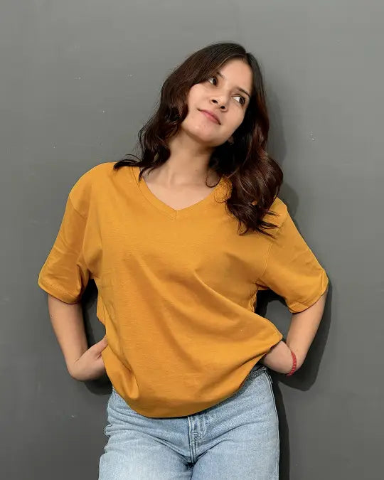 Mustard Plain V-Neck Oversized T-Shirt