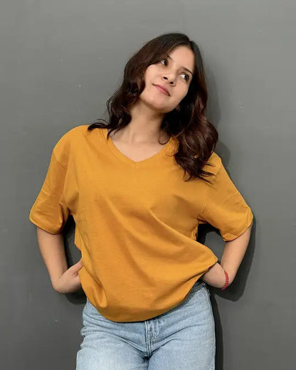 Mustard Plain V-Neck Oversized T-Shirt