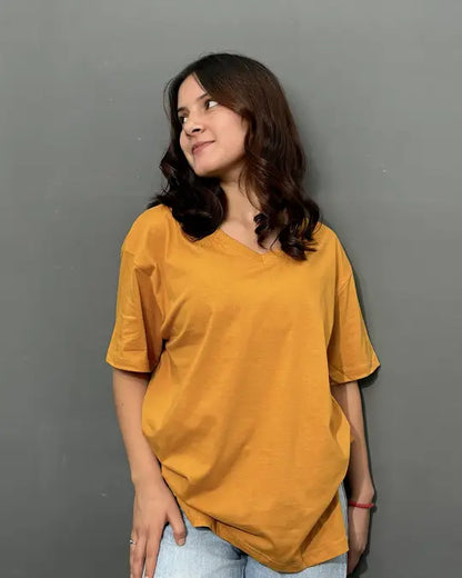 Mustard Plain V-Neck Oversized T-Shirt