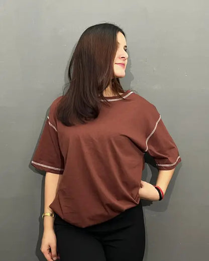 Brown Reverse Weave Plain Oversized T-Shirt