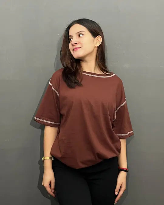 Brown Reverse Weave Plain Oversized T-Shirt