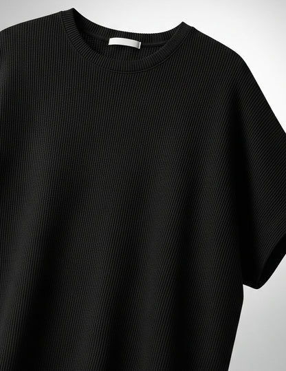 Waffle Knit Oversized T-Shirt - Black