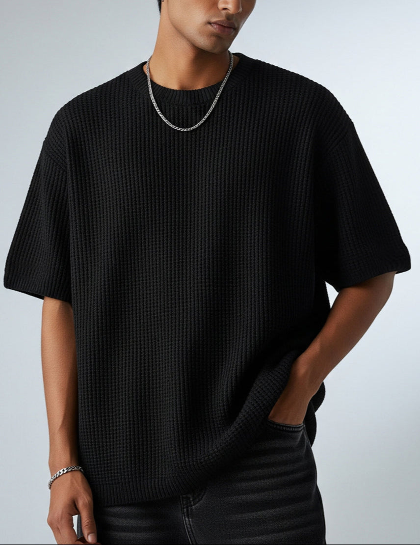 Waffle Knit Oversized T-Shirt - Black