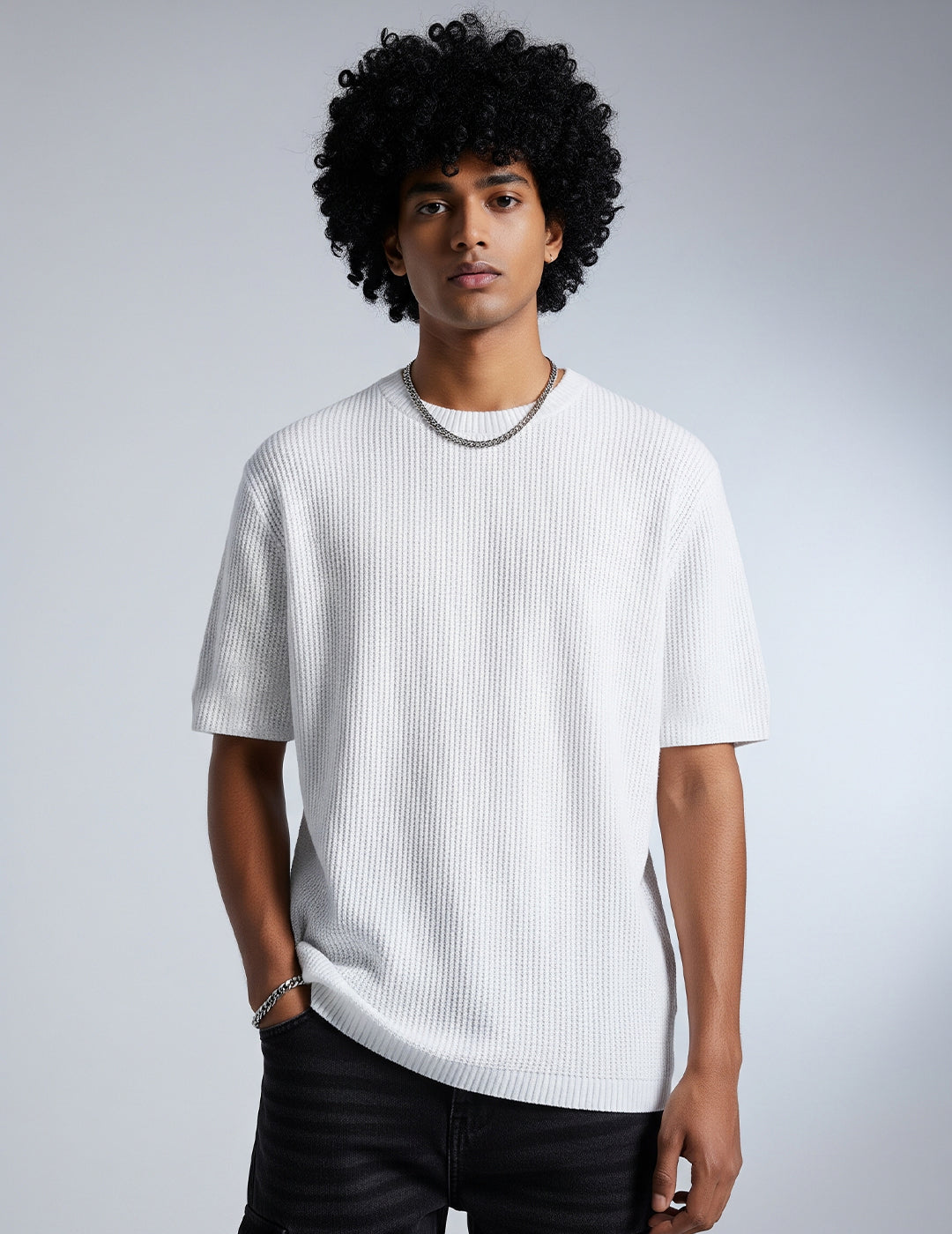 Waffle Knit Oversized T-Shirt - White