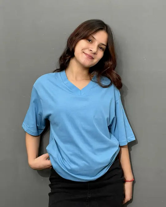 Denim Blue Plain V-Neck Oversize T-Shirt