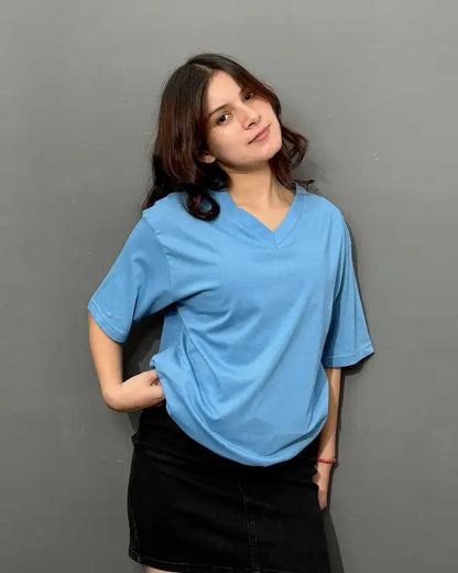 Denim Blue Plain V-Neck Oversize T-Shirt