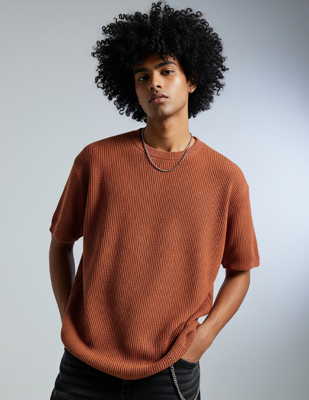 Waffle Knit Oversized T-Shirt - Brown
