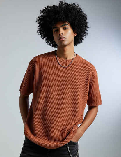 Waffle Knit Oversized T-Shirt - Brown