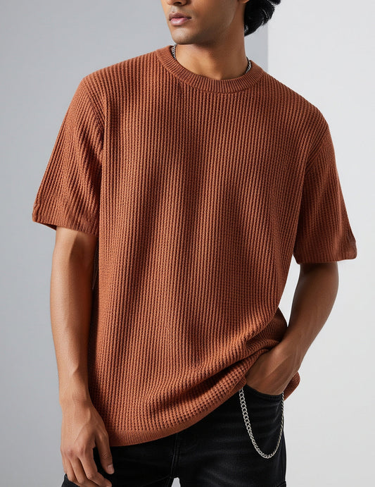Waffle Knit Oversized T-Shirt - Brown