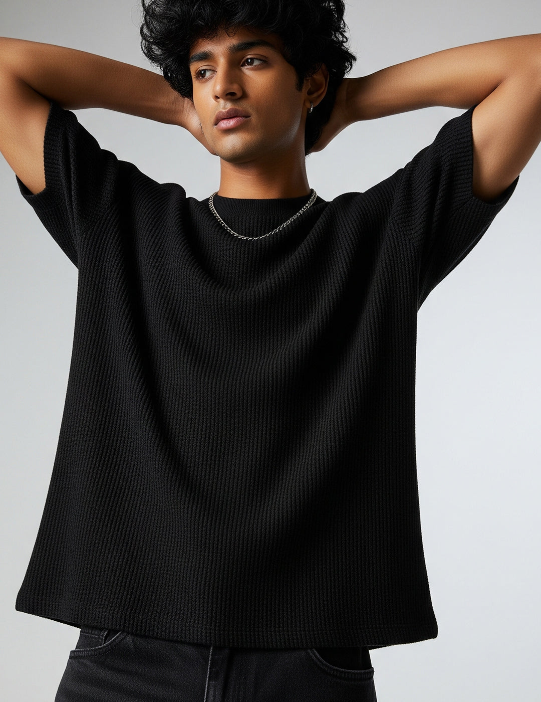 Waffle Knit Oversized T-Shirt - Black