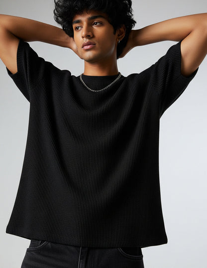 Waffle Knit Oversized T-Shirt - Black