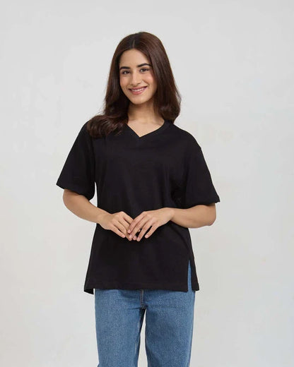 Black Plain V-Neck Oversize T-Shirt