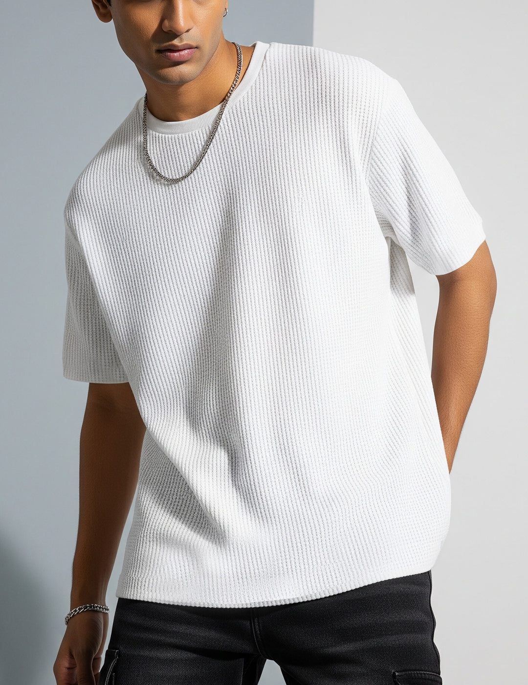 Waffle Knit Oversized T-Shirt - White