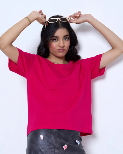 Hot Pink Plain Boxy Oversize T-Shirt