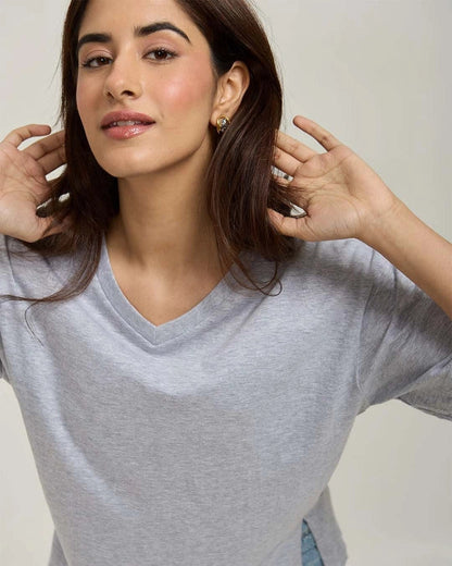 Grey Melange Plain V-Neck Oversized T-Shirt