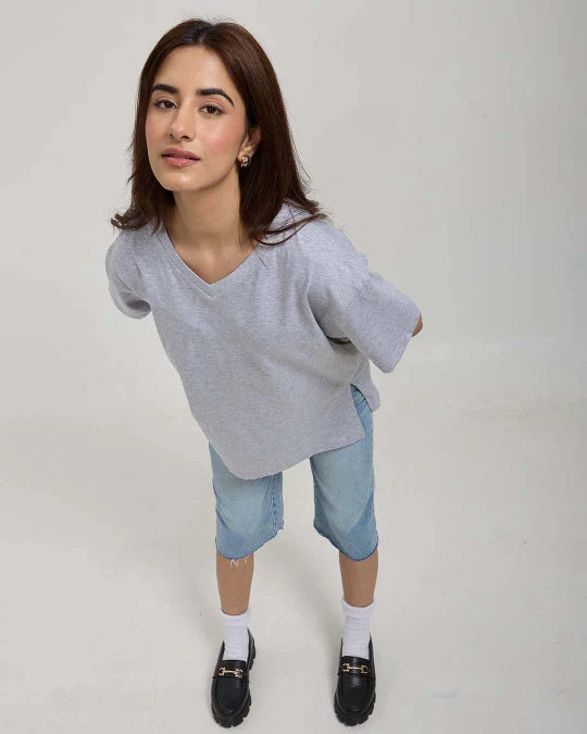 Grey Melange Plain V-Neck Oversized T-Shirt