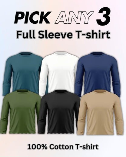 Pick Any 3 - Full Sleeve Plain Cotton T-shirt Combo
