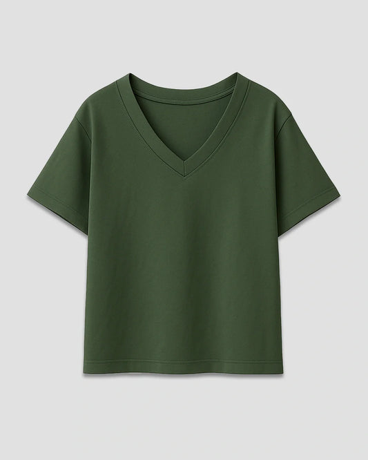 Olive Green Plain V-Neck Oversize T-Shirt